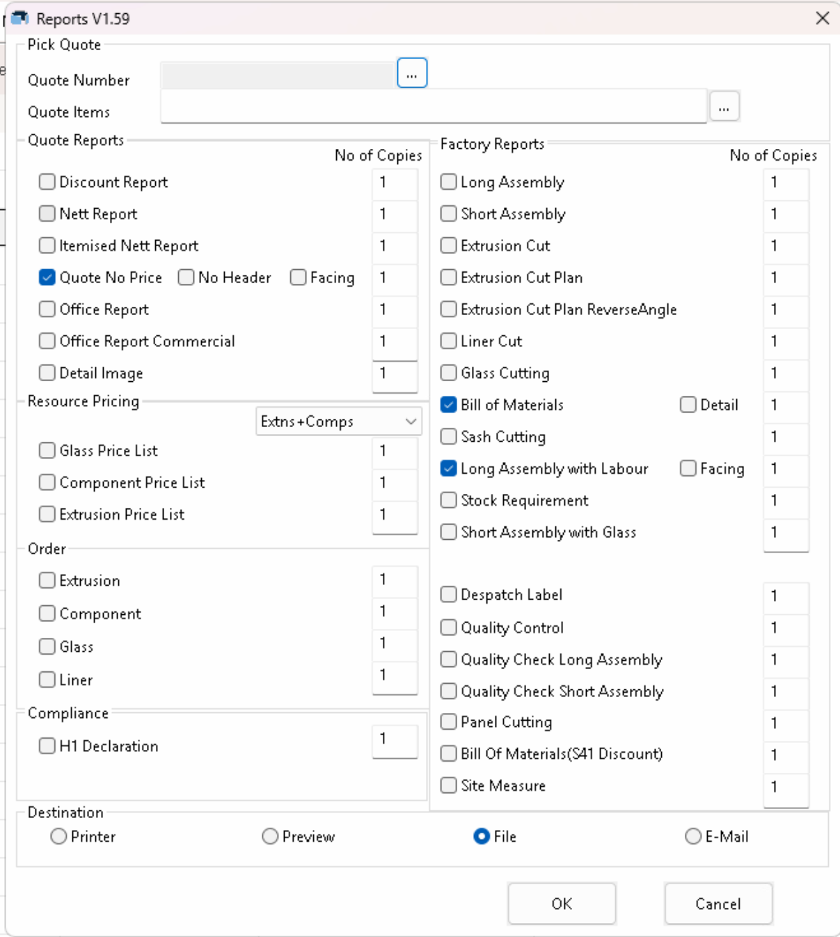 QuoteLinker V6 Reports window with Quote No Price, Bill of Materials and Long Assembly with Labour ticked, and Destination set to File
