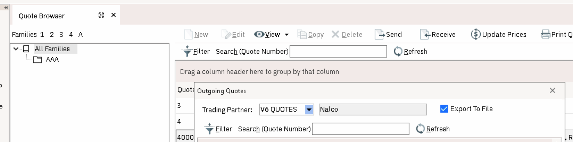 QuoteLinker V6 Quote Browser with the Outgoing Quotes window open — V6 QUOTES trading partner selected and Export To File ticked