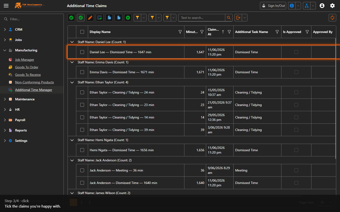 One or more claim rows (select them)