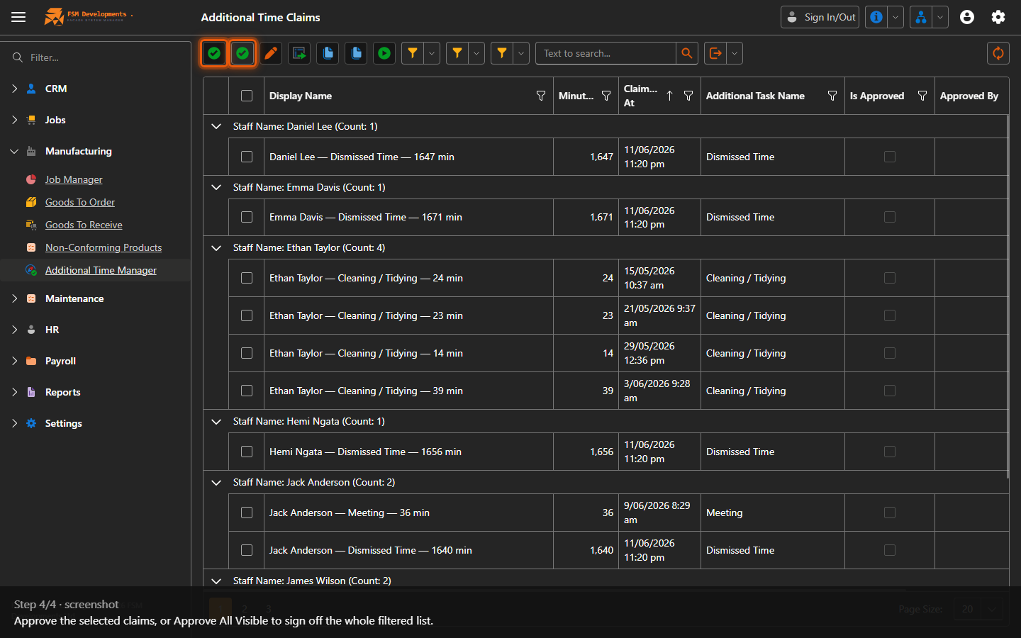 Approve / Approve All Visible (toolbar buttons)
