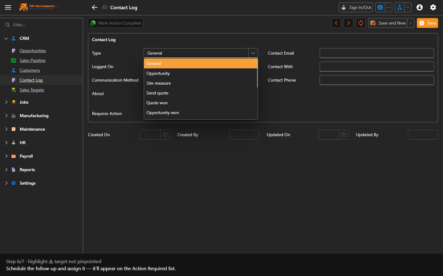 Requires Action Date / Action By (fields, shown when Requires Action is on)