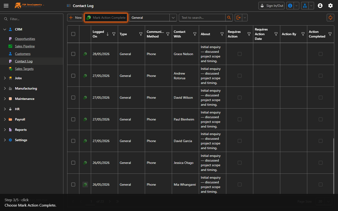 Mark Action Complete (toolbar button)