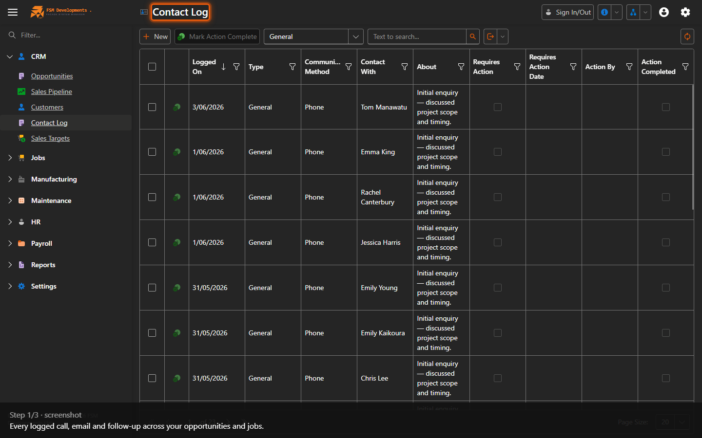 Contact Log grid