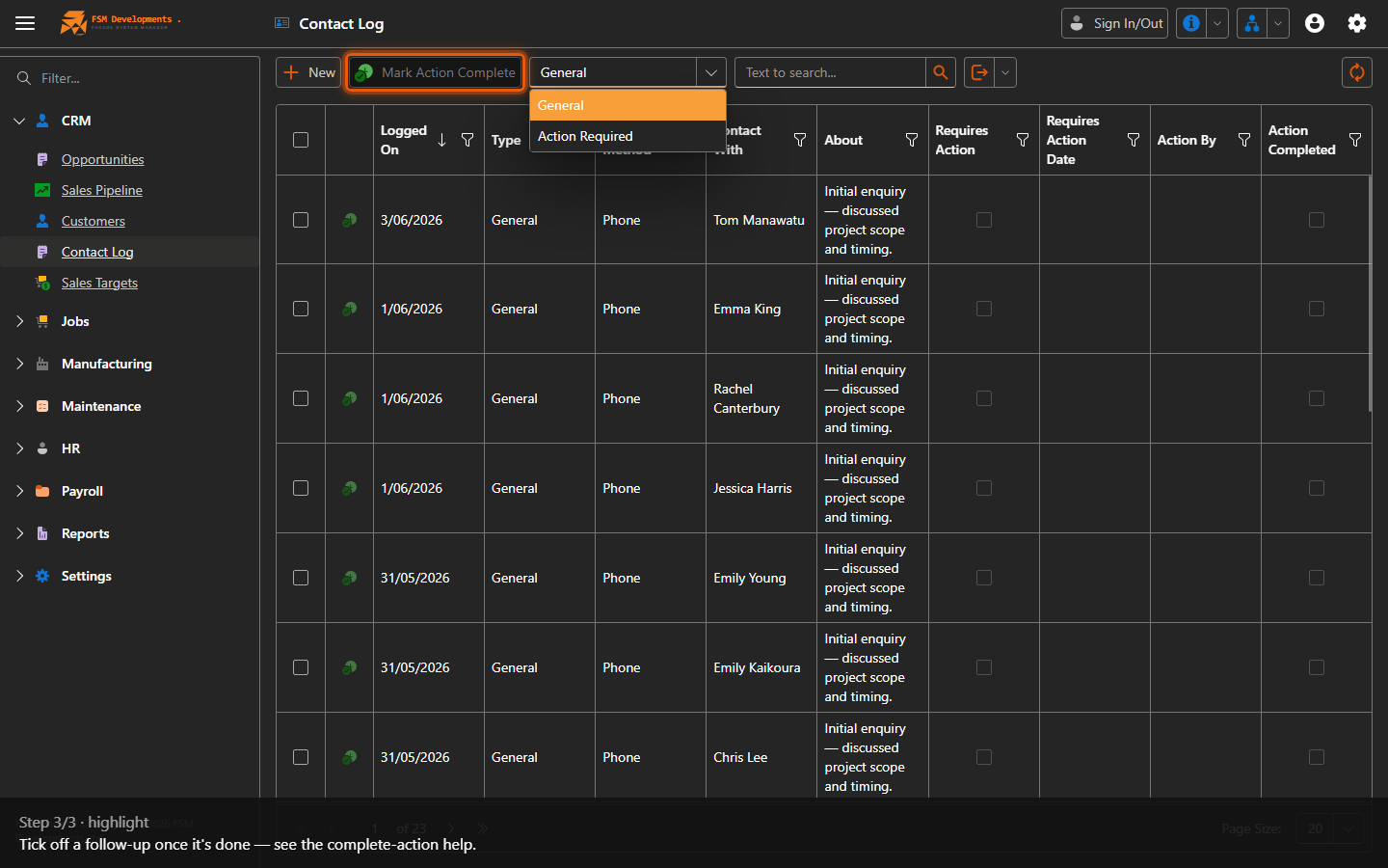 Mark Action Complete (toolbar button)