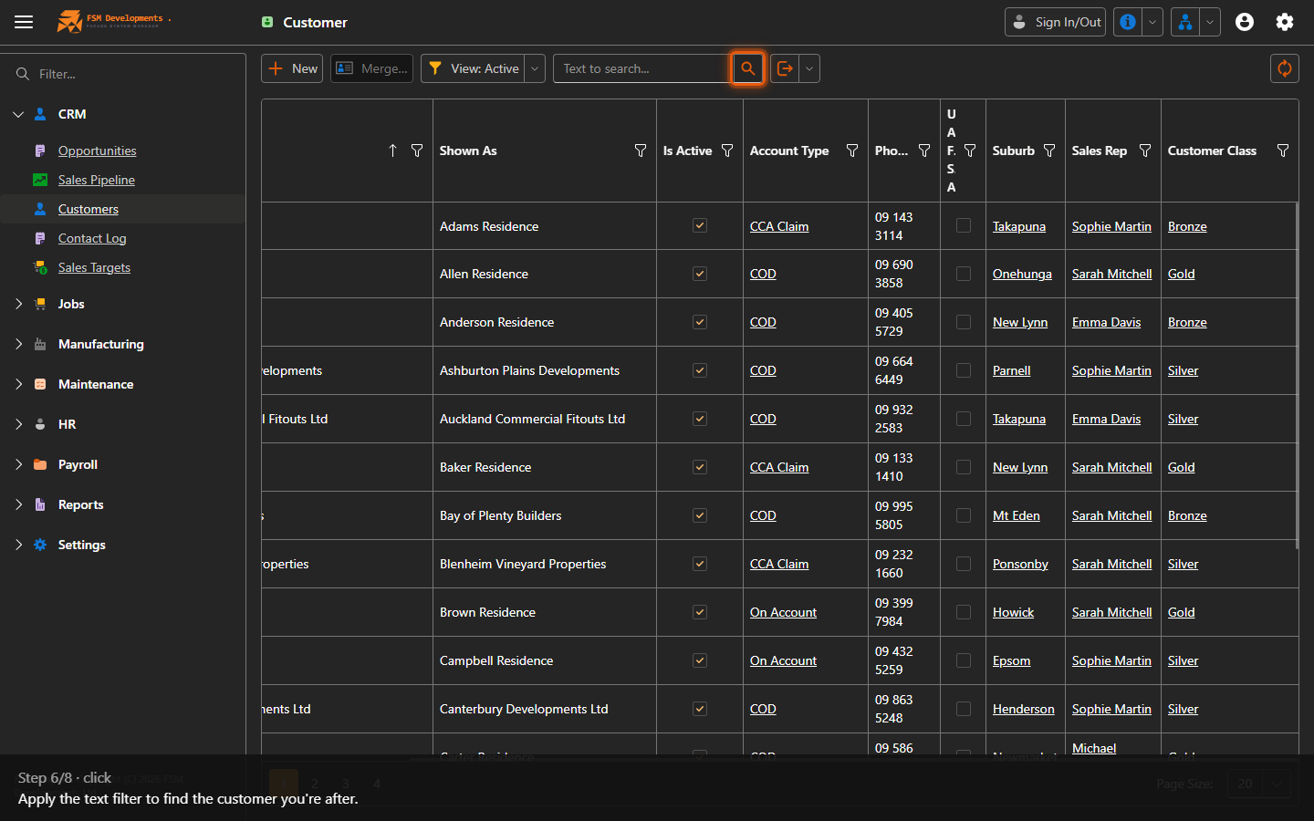 Filter records by text (toolbar button)