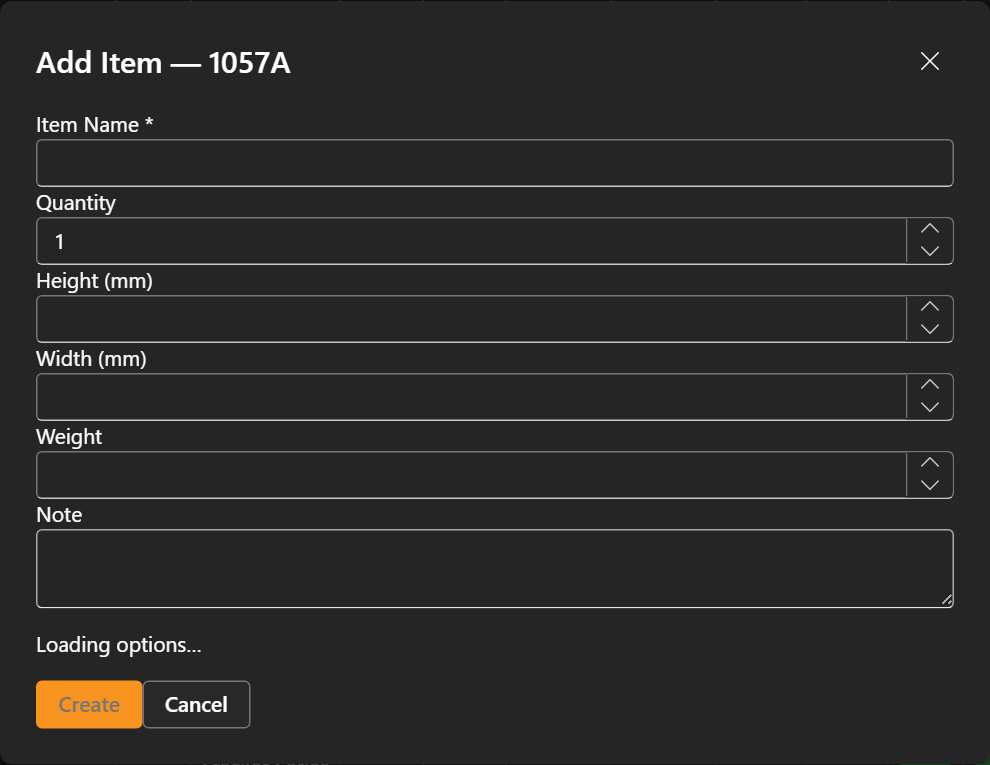 Add Item dialog — item details