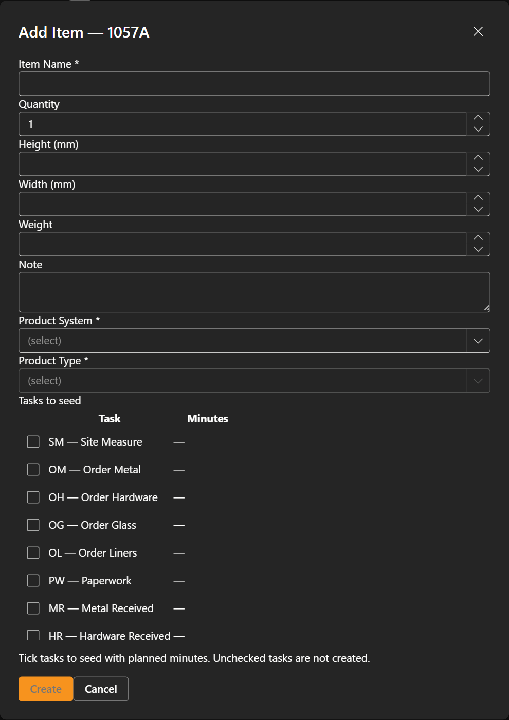 Add Item dialog — Product System, Product Type and Tasks to seed