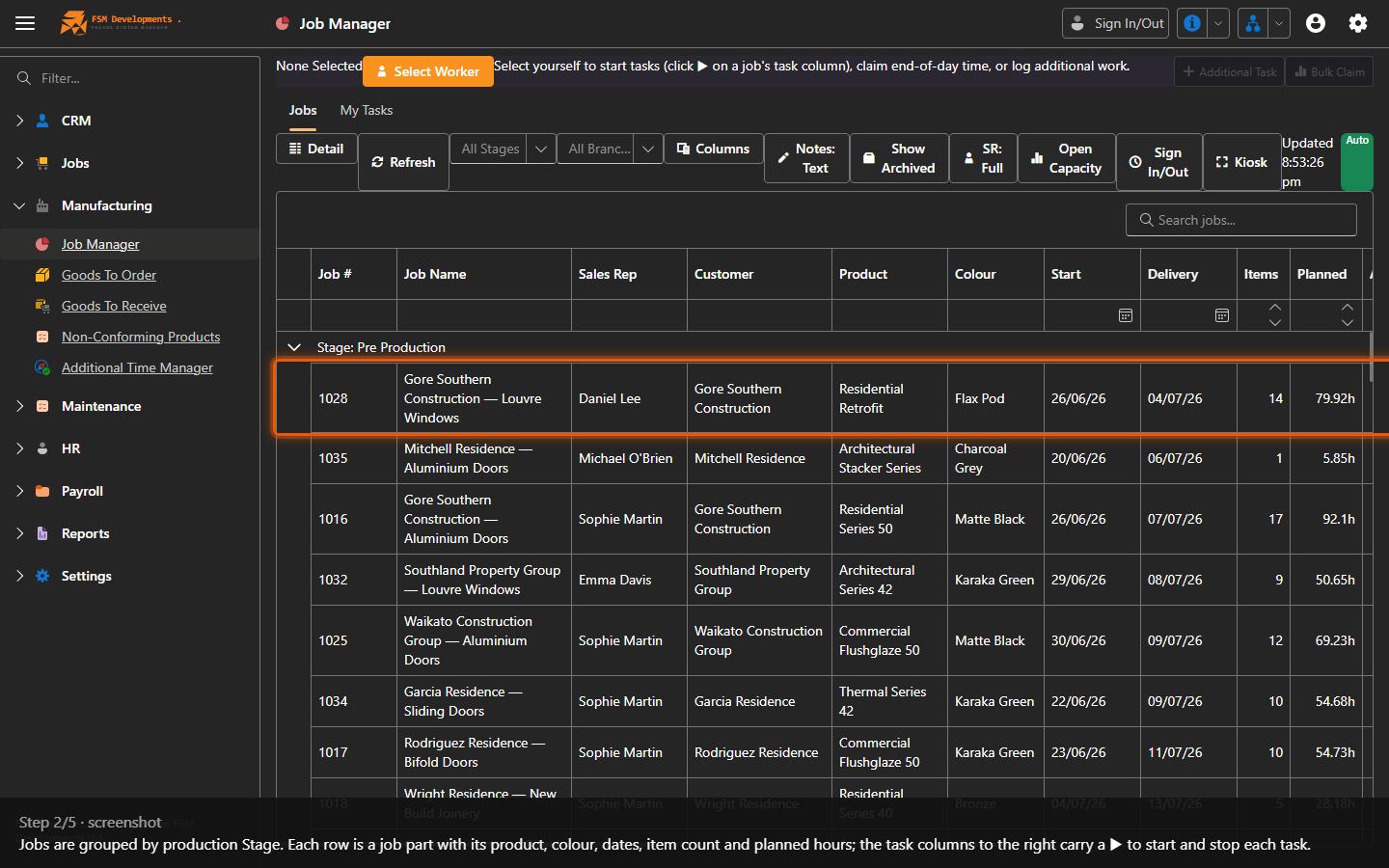 Jobs grid grouped by Stage (Job #, Job Name, Customer, Product, Colour, Start, Delivery, Items, Planned hours)