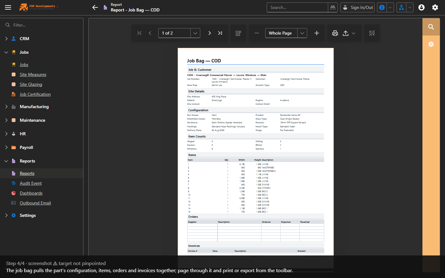 Report preview — job bag, work order, cutting sheets and labels