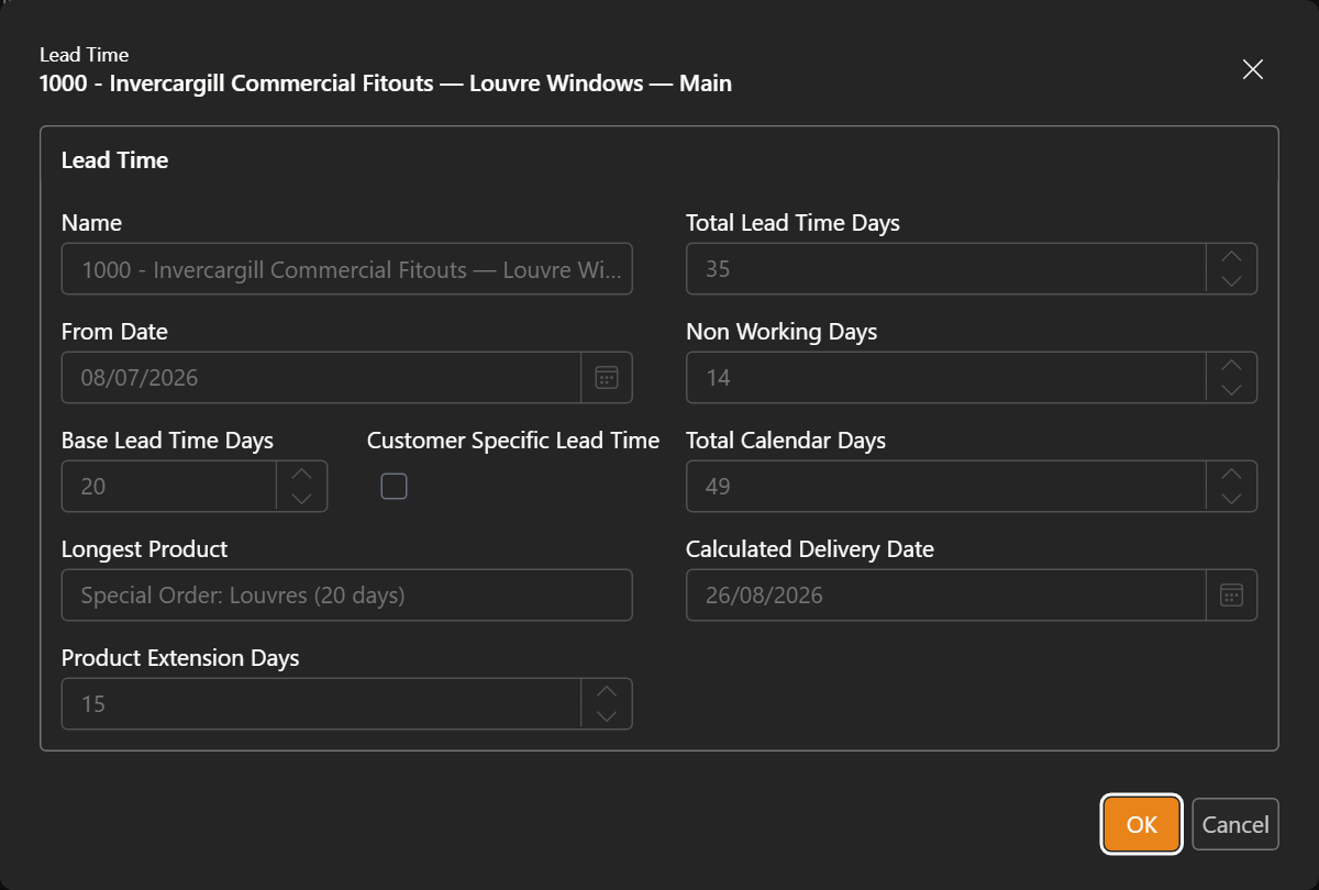 Lead Time breakdown dialog