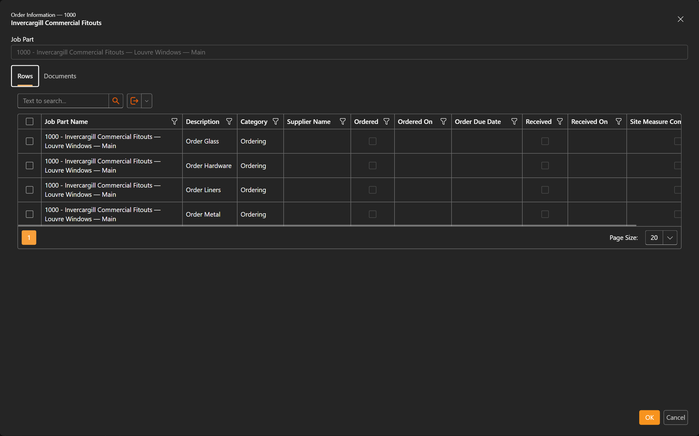 Order Information dialog