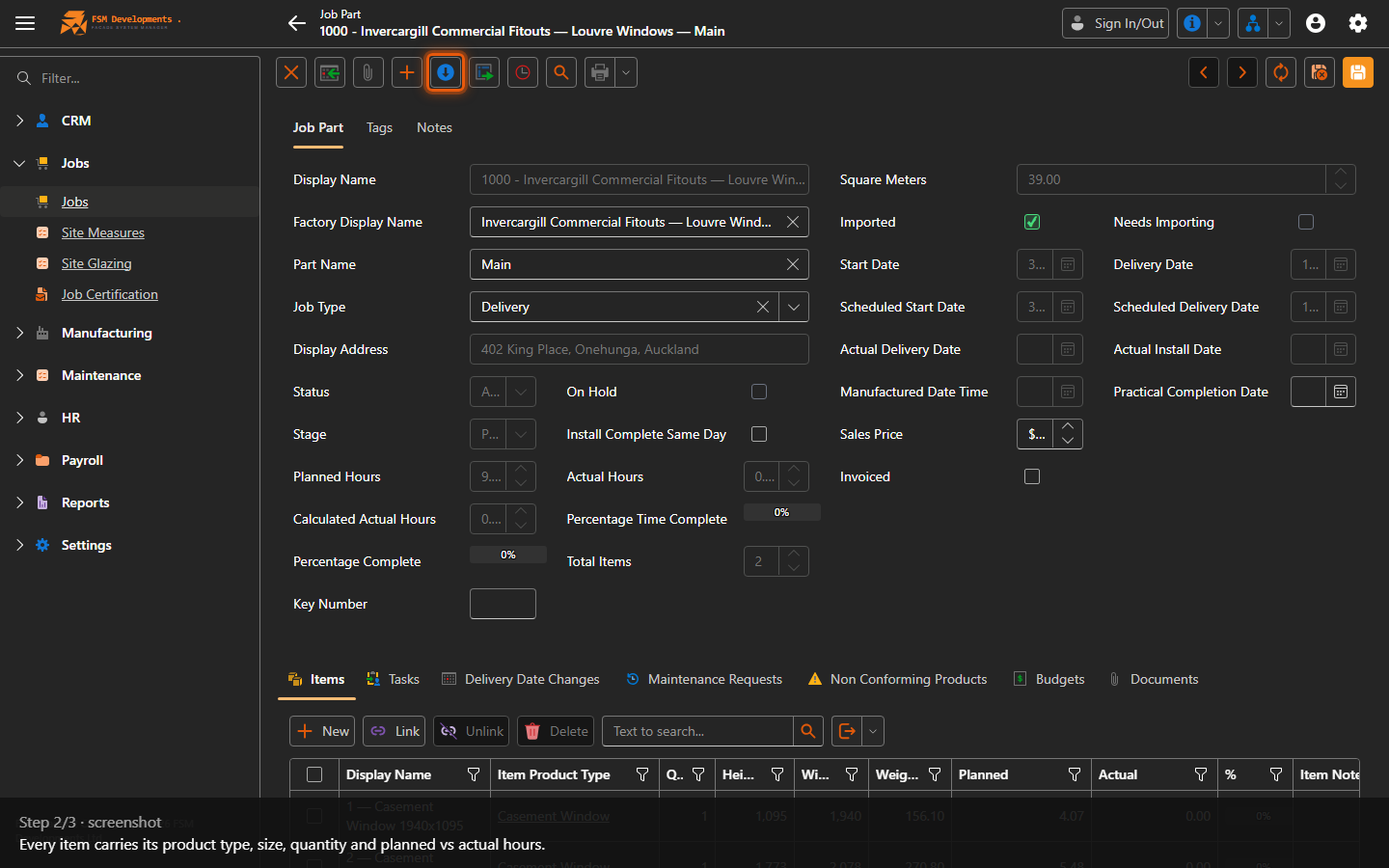Items grid (Display Name, Item Product Type, Qty, Height, Width, Weight, Planned, Actual, %)