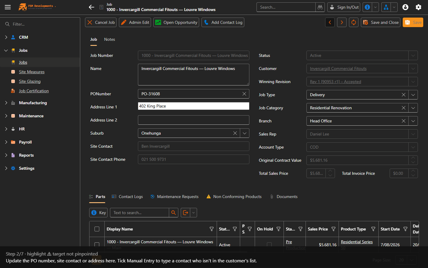 Job header (Name, PO Number, Site Contact, address)