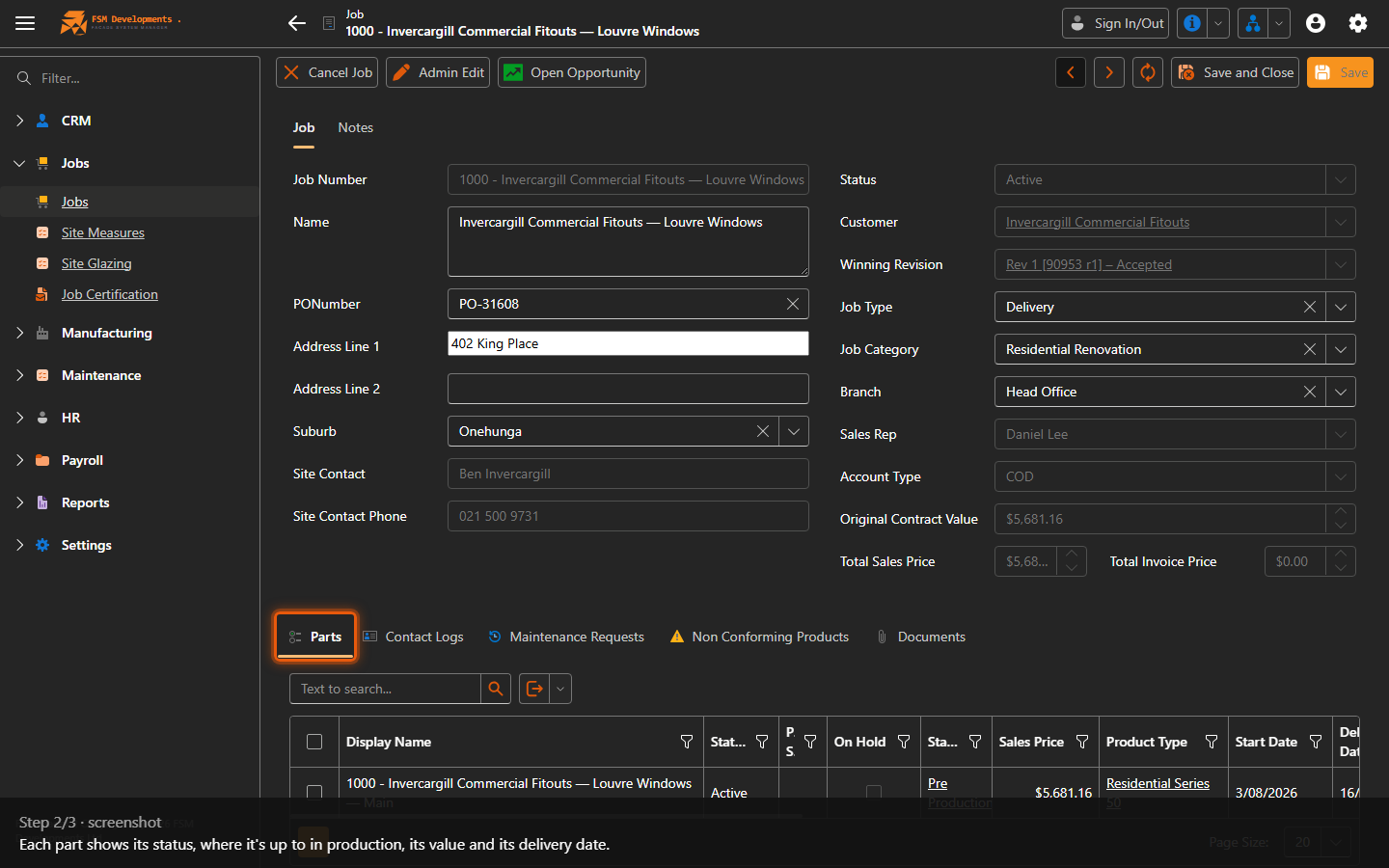 Parts grid (Display Name, Status, Production Status, Sales Price, Start Date, Delivery Date)