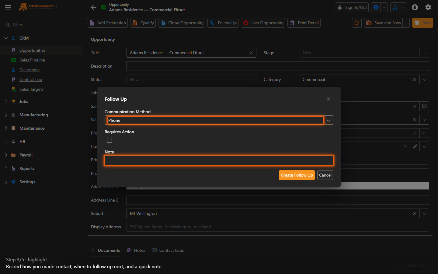 Communication method / Next action date / Note (Follow Up popup)
