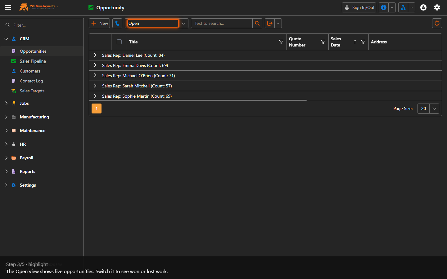 View (combobox, default Open)