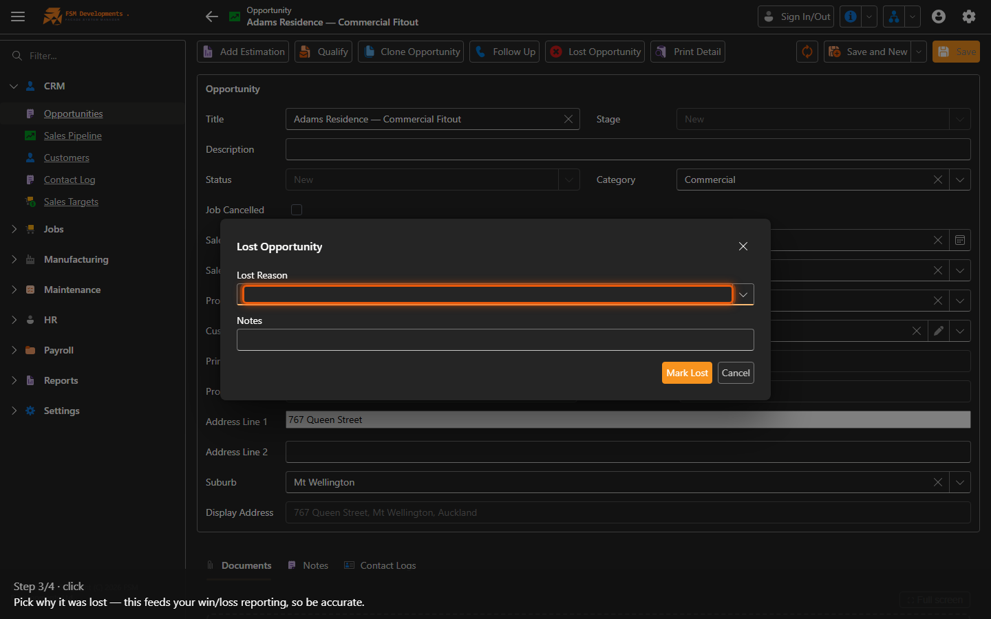 Lost Reason (combobox, popup)