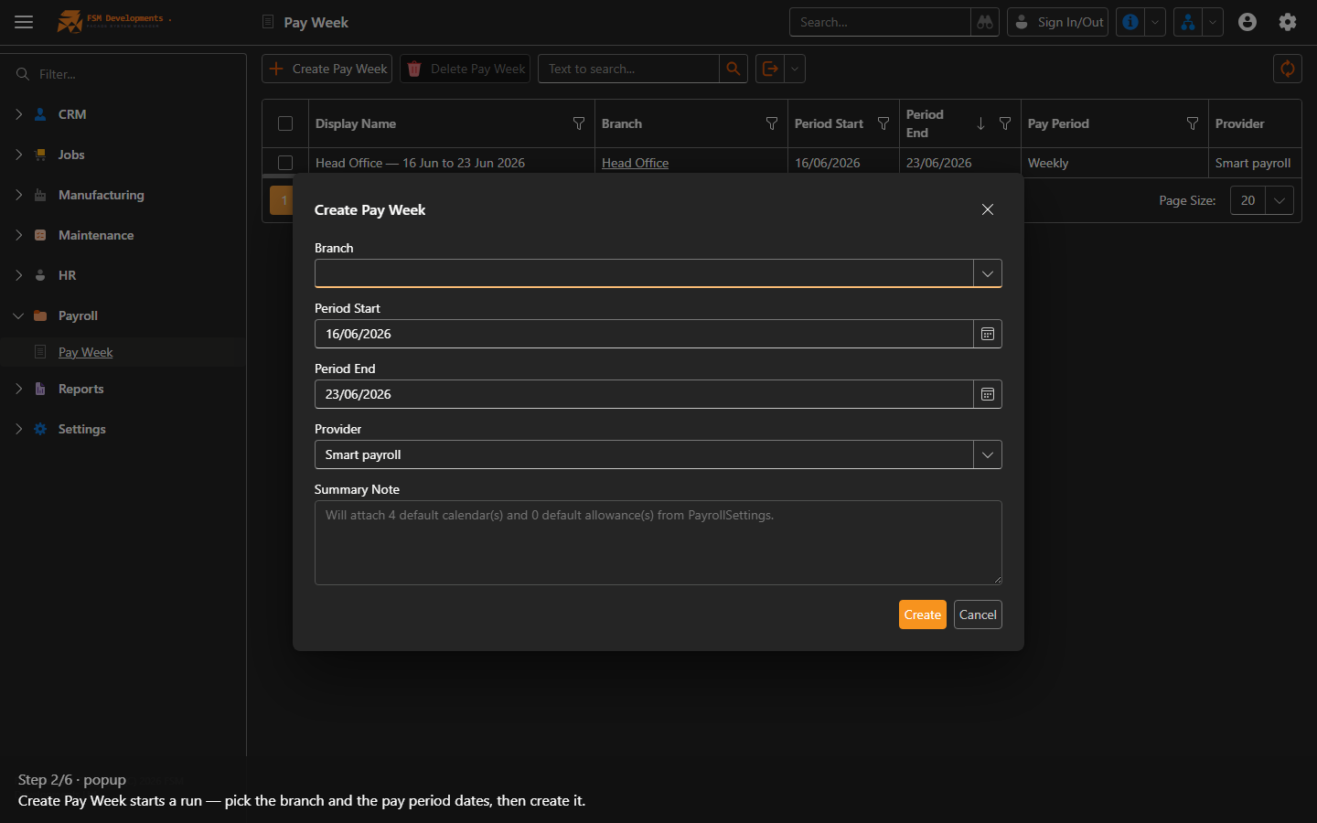 Create Pay Week (toolbar button)