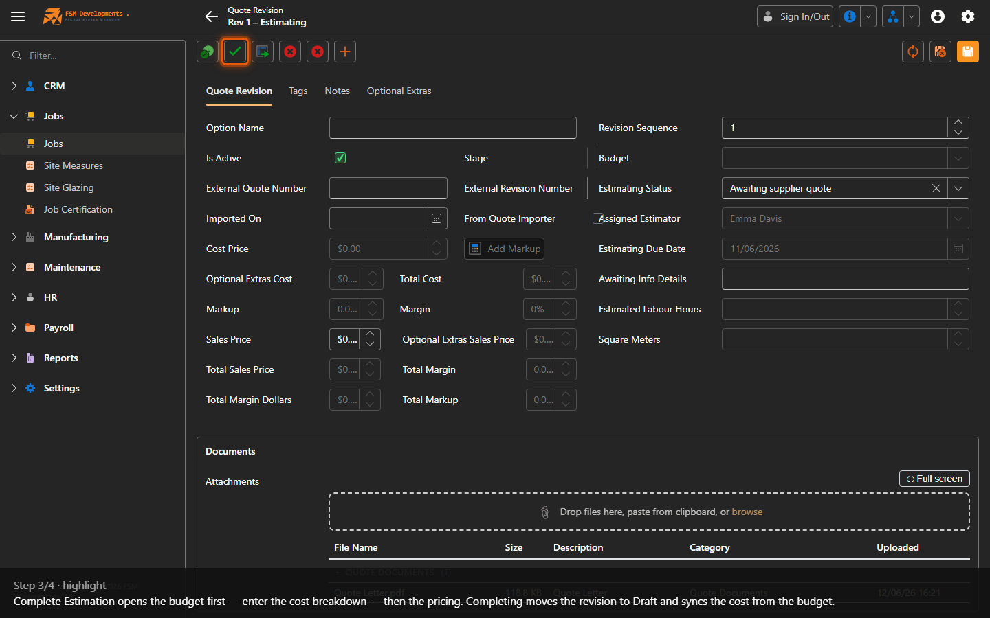 Complete Estimation (toolbar button)