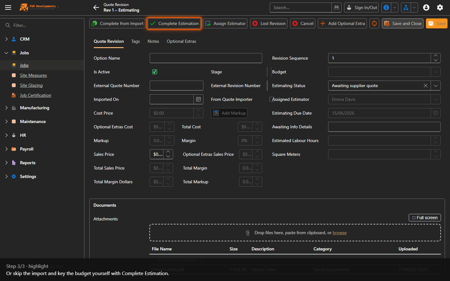 Complete Estimation (toolbar button)
