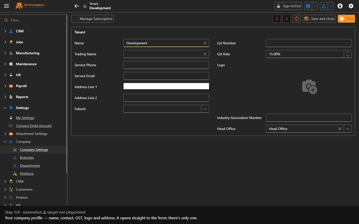 Company Settings form