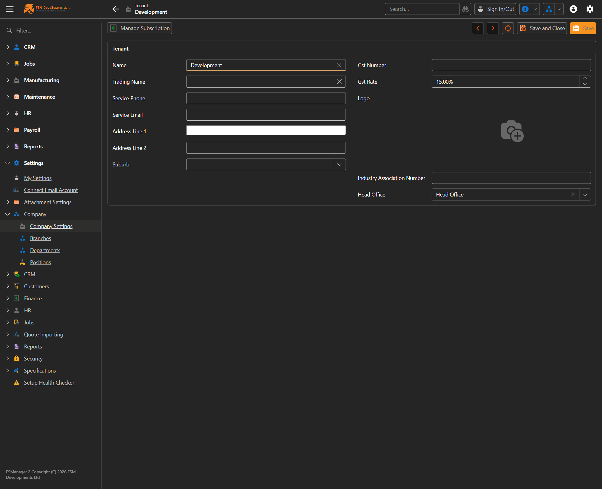 The Company Settings (Tenant) form