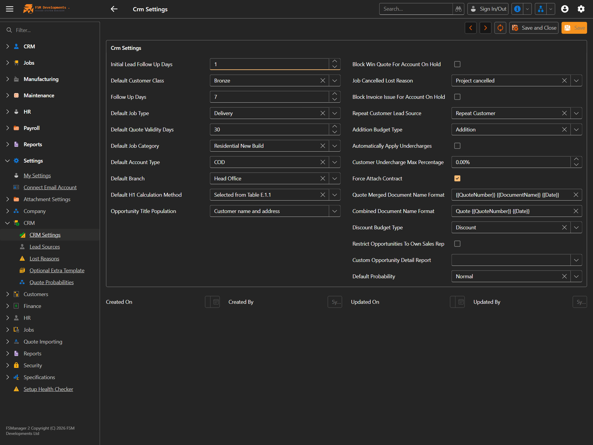 The CRM Settings form