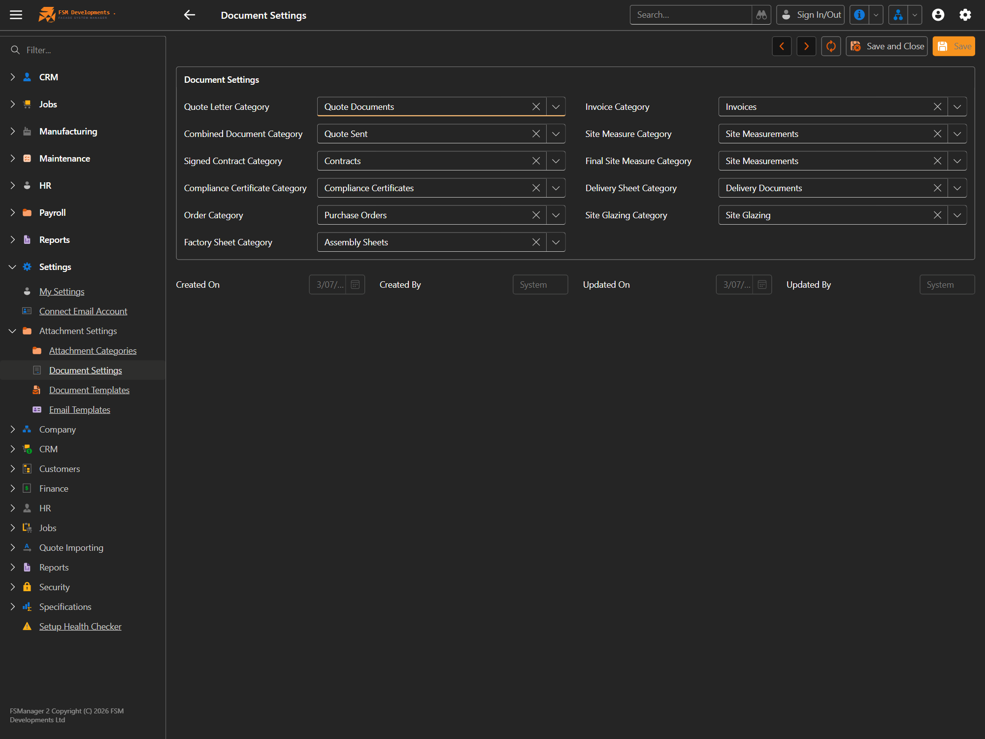 The Document Settings form