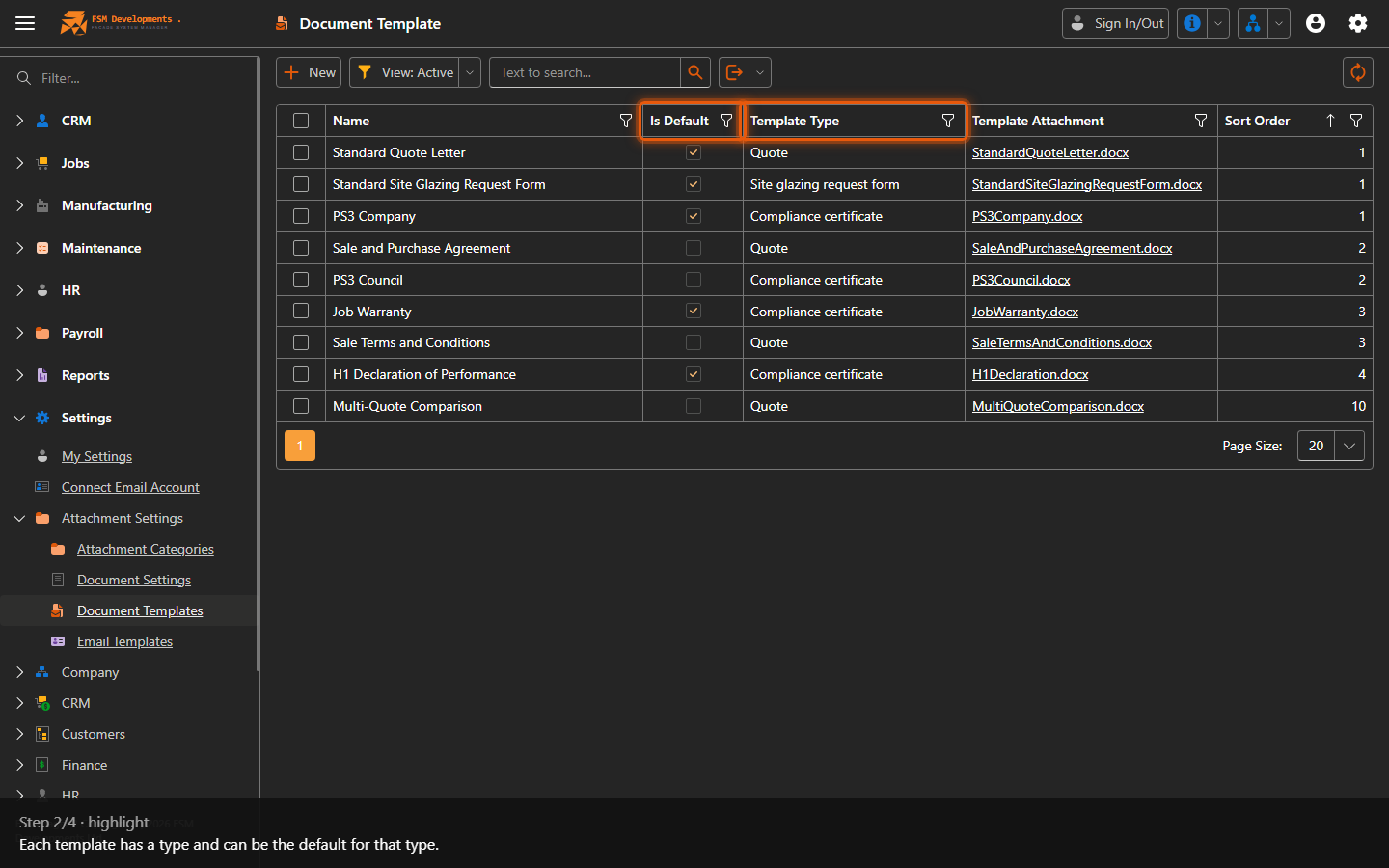 Template Type / Is Default (columns)