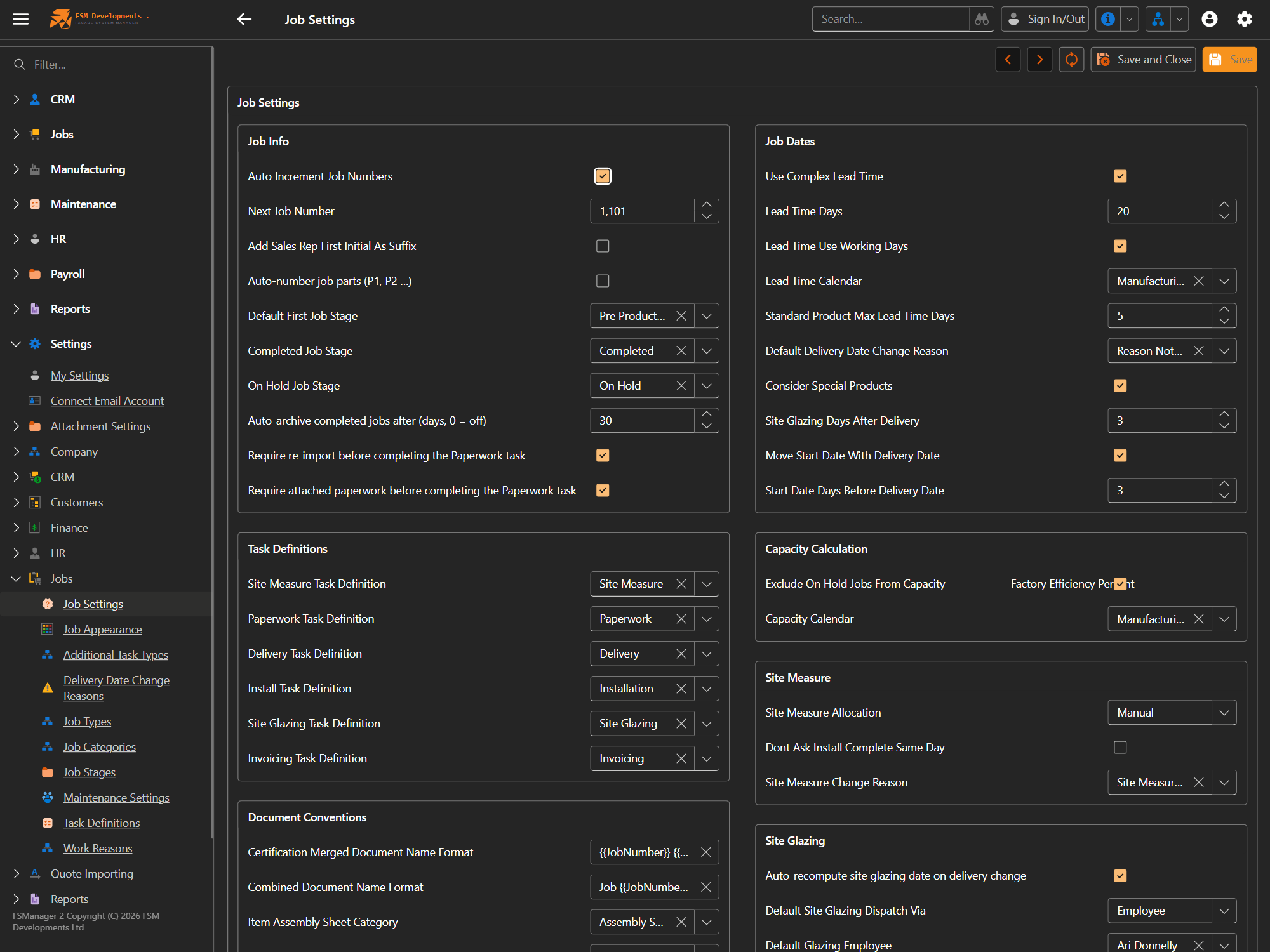 The Job Settings form