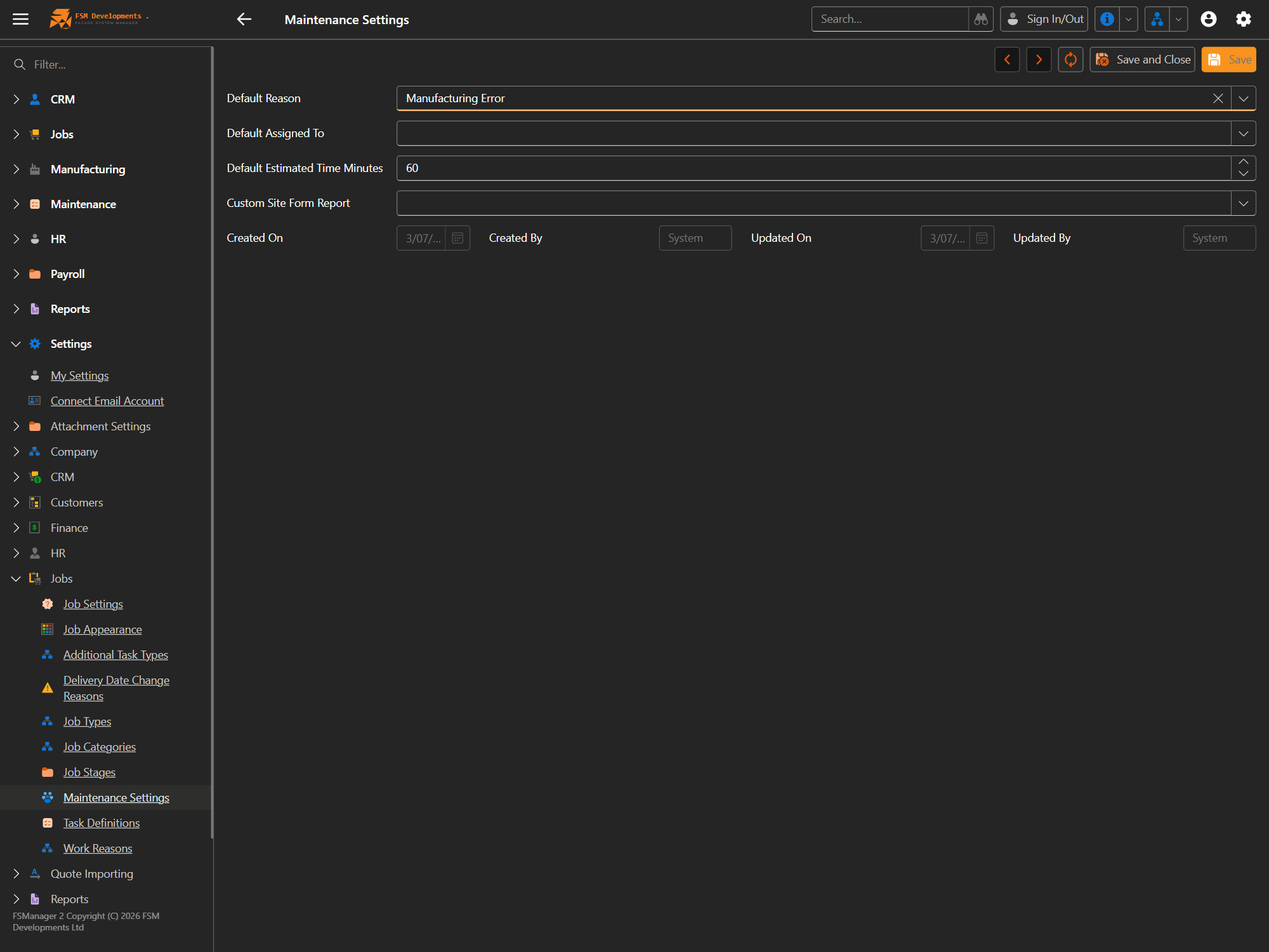 The Maintenance Settings form