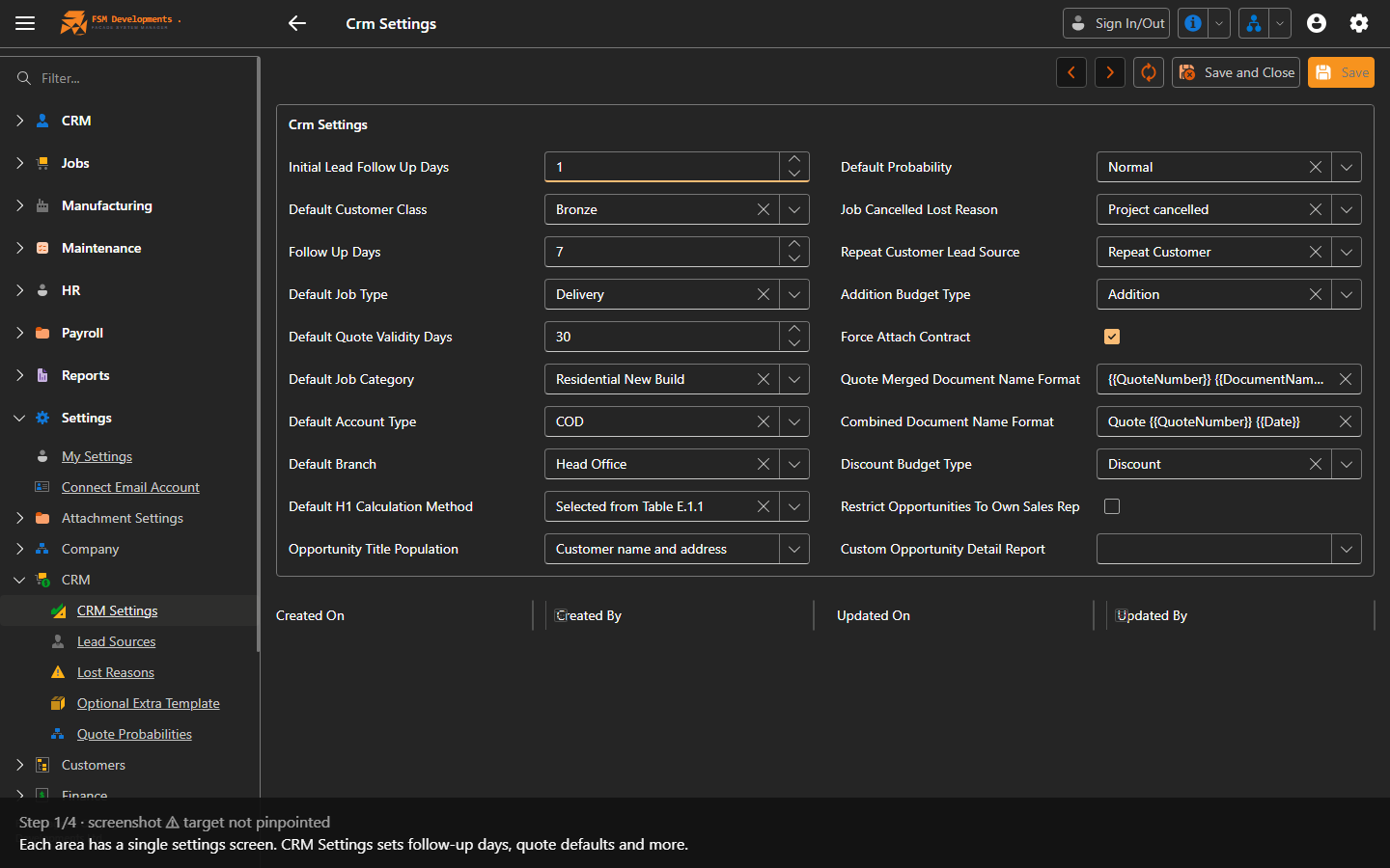 CRM Settings form