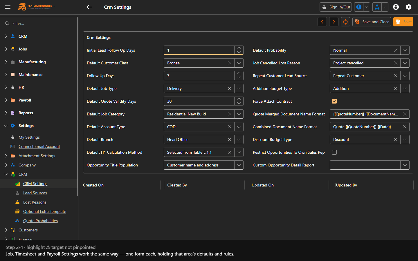 Job Settings / Timesheet Settings / Payroll Settings (Settings sub-groups)