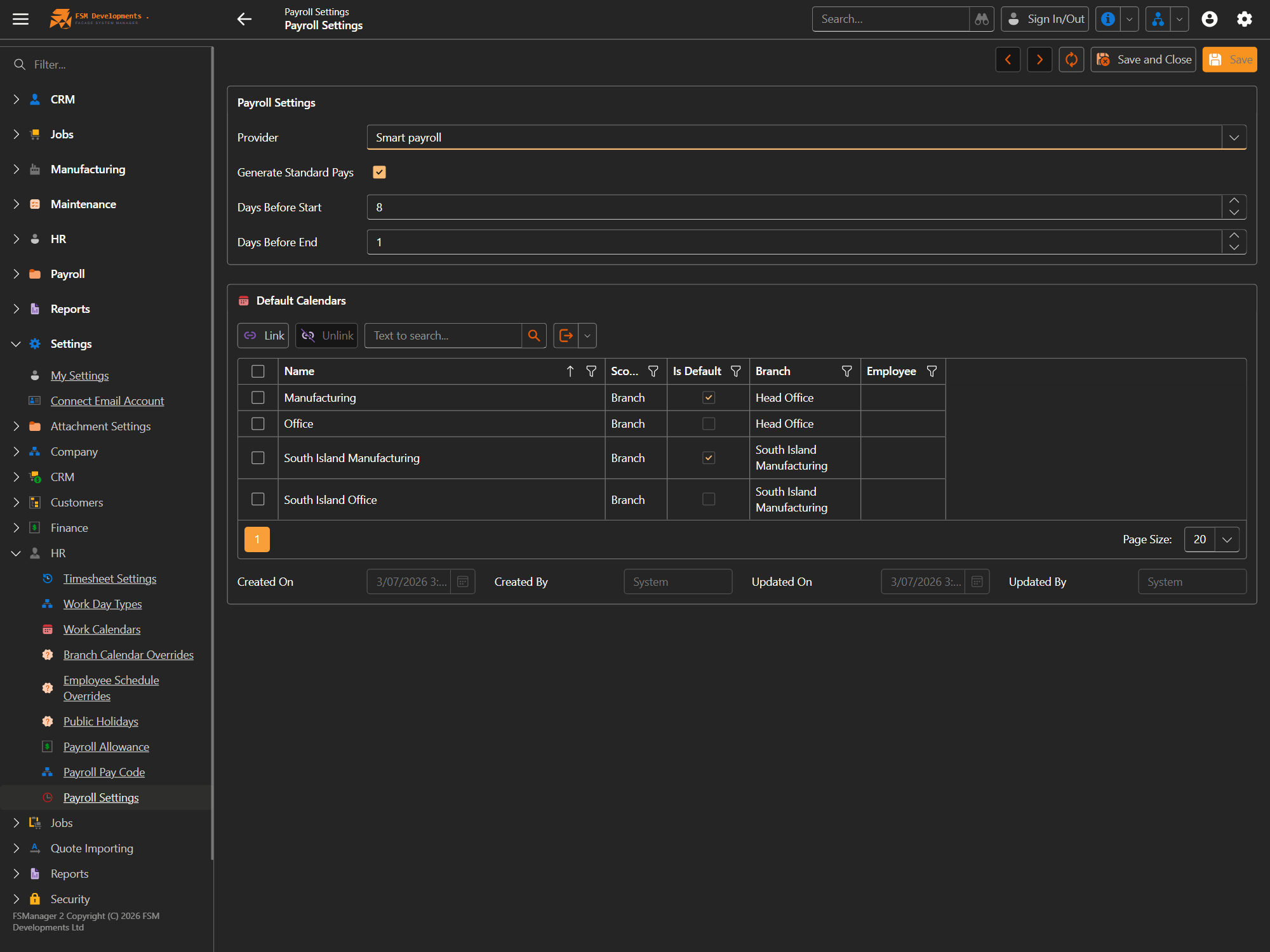 The Payroll Settings form