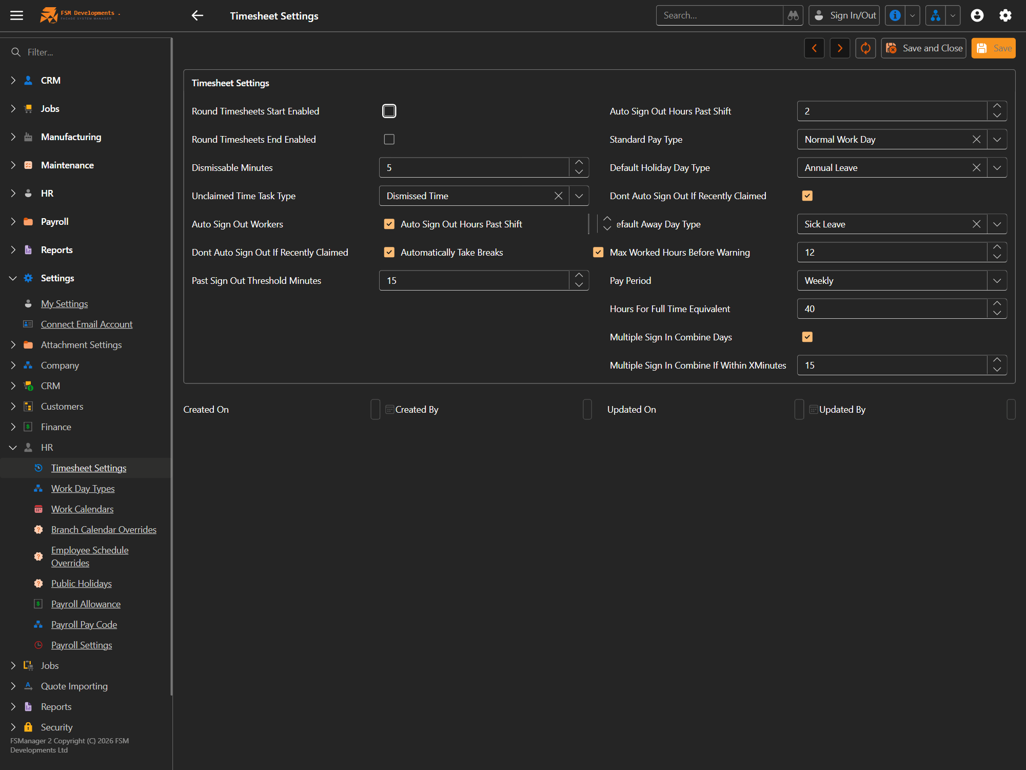 The Timesheet Settings form