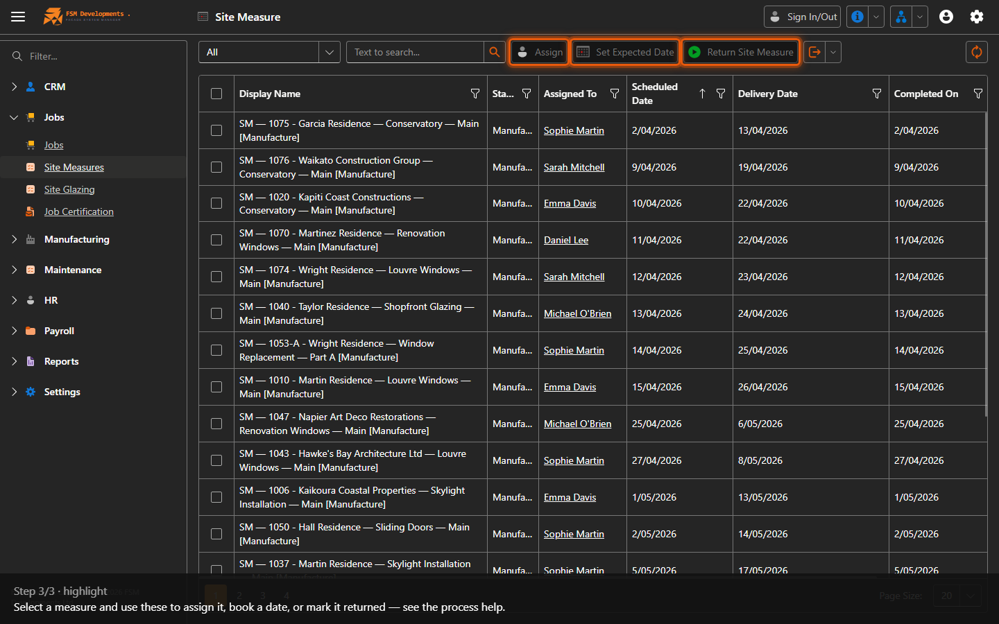 Assign / Set Expected Date / Return Site Measure (toolbar buttons)