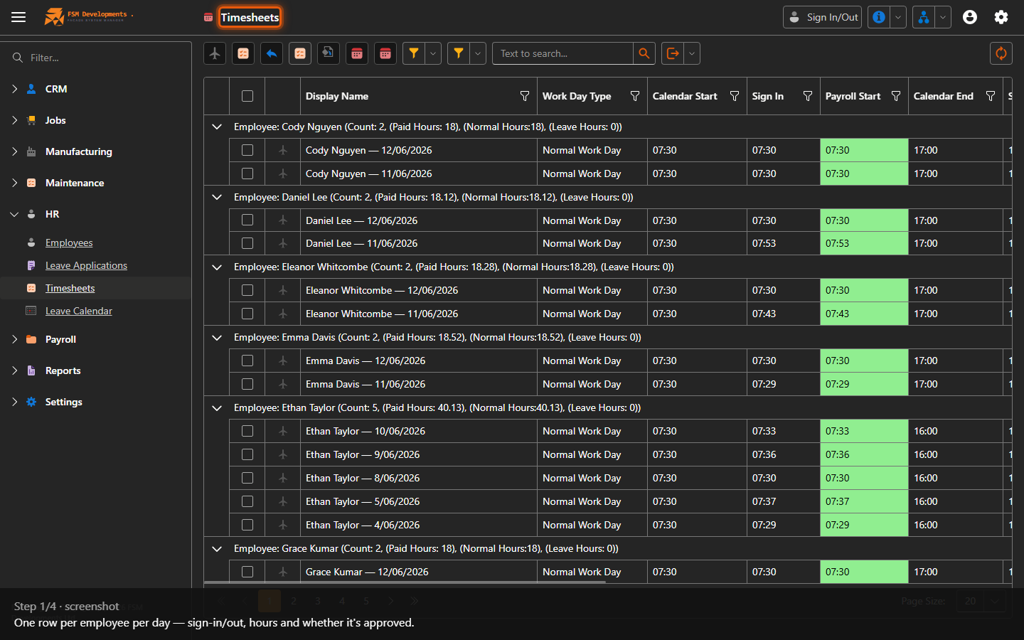 Timesheets grid