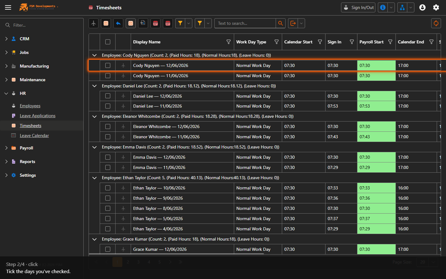 One or more day rows (select them)