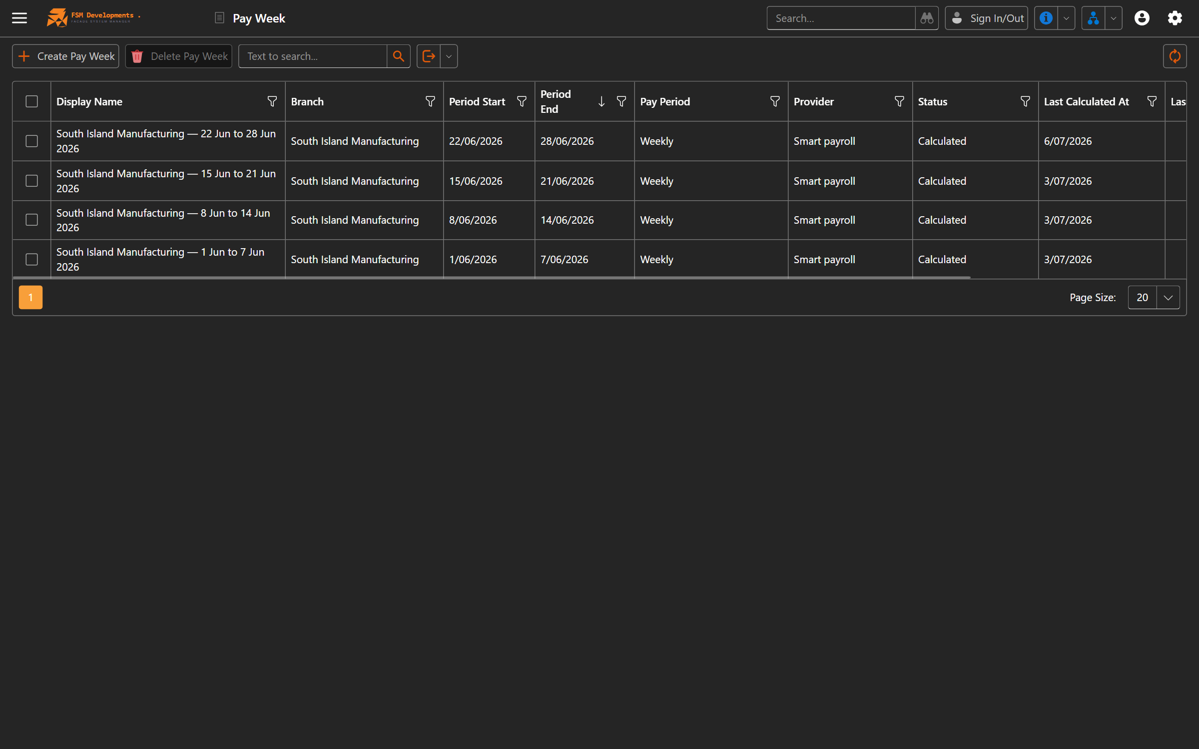 FSManager payroll pay-run screen with timesheets generated from recorded time, ready for export